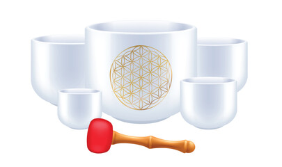 Crystal singing bowls set with hummer and flower of life symbol. Sound therapy and sound healing concept vector illustration.
