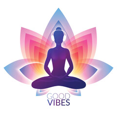 Sound therapy concept. Woman meditates in lotus pose, listening to relaxing music in headphones. Sound bath and sound healing illustration.