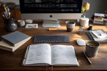 Obraz premium A sleek workspace, where creativity and productivity are intertwined, carefully arranged, lies open, surrounded by inspiring tools, while a cup of coffee is available to spark big ideas