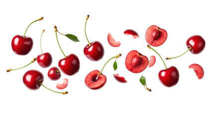 Vibrant Red Cherries with Stems and Green Leaves against a Black Transparent Background Displaying Freshness and Organic Appeal
