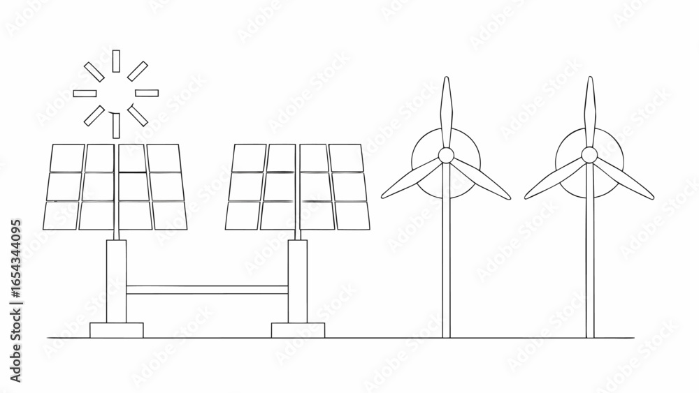 Poster vector illustration of two solar panel arrays with sun symbol and two wind turbines in a line art st