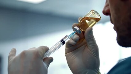 Medical professional preparing a vaccine or medication in a laboratory setting with closeup camera work - Powered by Adobe