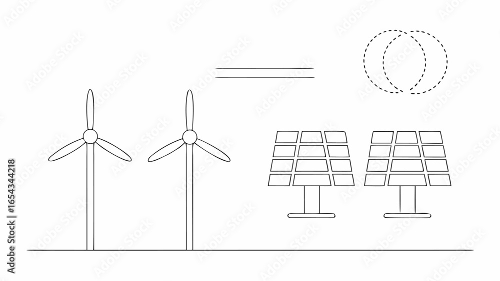Poster vector illustration of two wind turbines and two solar panels beneath two overlapping circles and a 