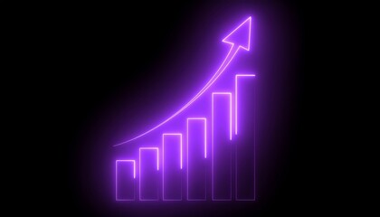 Futuristic 3D purple neon glowing bar chart with upward arrow for digital financial data visualization