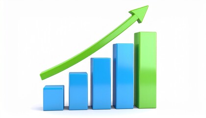 3D gradient blue to green bar chart with upward arrow for realistic corporate financial growth visualization