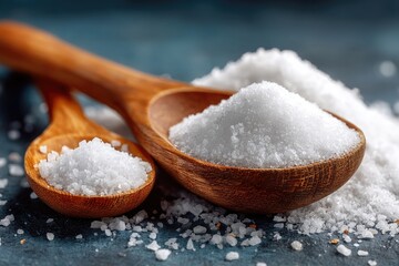 Wooden spoons filled with white salt crystals