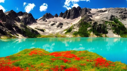 Vast blue sky and high mountain peaks reflect in the clear water of a beautiful alpine lake