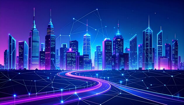 Digital network connection concept across a futuristic smart city with glowing neon skyscrapers and light trails