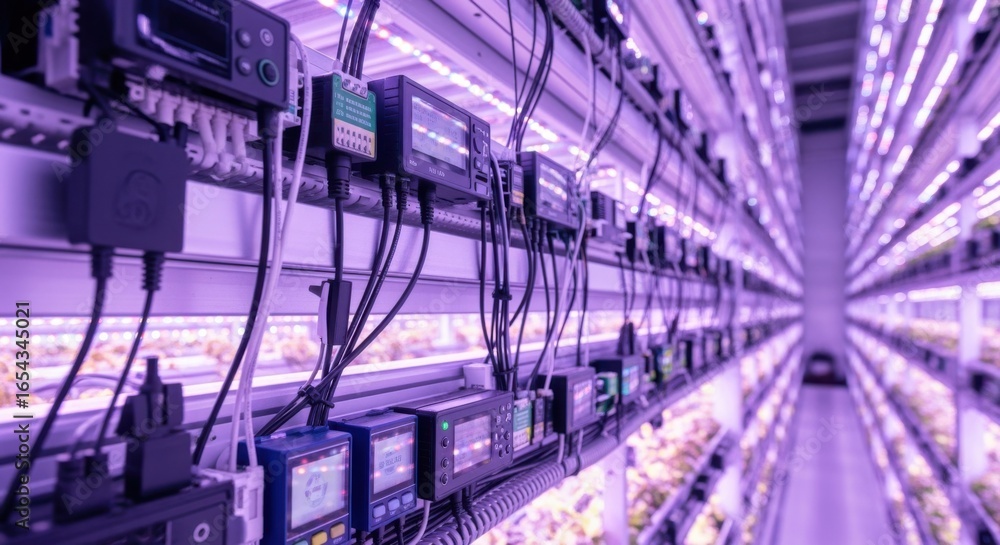 Poster wideangle shot of vertical farm led rack wiring integrated with environmental sensors and automated 