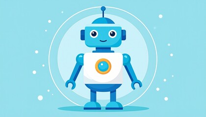 Illustration of a modern white and blue robot character with glowing eyes. Friendly AI assistant for future technology concepts