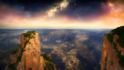 Golden sunbeams illuminate the mountain peaks at dawn, casting a vibrant orange glow across the dramatic canyon landscape