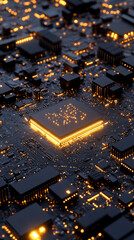 3D illustration of a circuit board with a central CPU, highlighting computer processors, electronics, and digital technology concepts for tech and computing visuals.