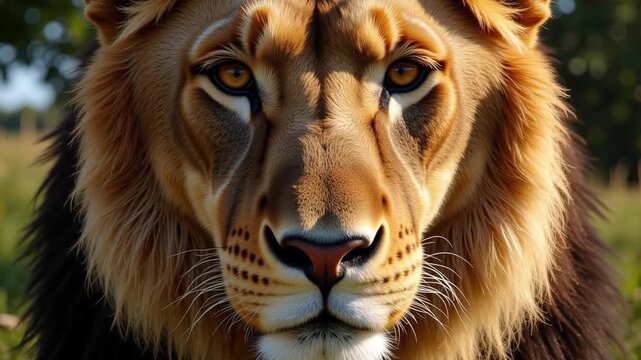 Photorealistic lion's face with blinking eyes, showcasing realistic fur, reflections, and natural light, perfect for wildlife projects.