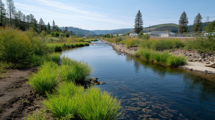 Obraz premium Restored Riparian Ecosystem Thrives Below Hydroelectric Dam