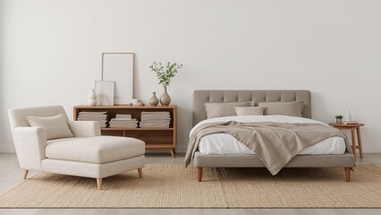 Elegant and minimalist bedroom interior design showcasing cozy bed linen a comfortable chaise lounge and wooden furniture