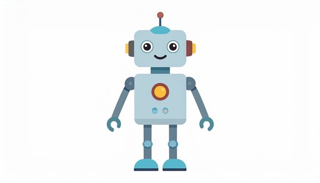 Friendly cartoon robot character with a smiling face. Isolated flat vector illustration representing artificial intelligence and futuristic technology