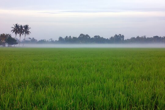 Misty morning rice paddy