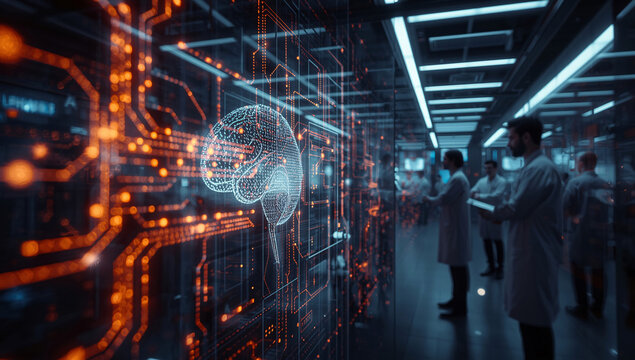 A hyper-realistic depiction of a futuristic quantum computer lab with glowing holographic interface and advanced AI processors. Perfect for illustrating future science and technology concepts.
