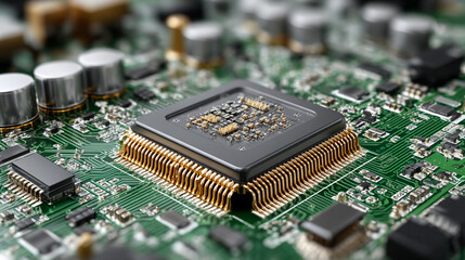 3D illustration of a circuit board with a central CPU, highlighting computer processors, electronics, and digital technology concepts for tech and computing visuals.