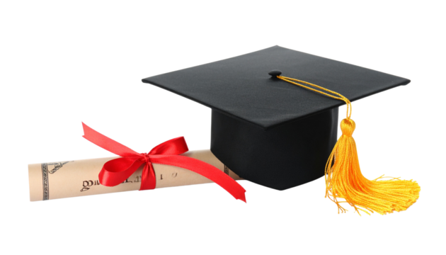 Black graduation cap with golden tassel placed on a rolled diploma tied with red ribbon, isolated on transparent background, academic success symbol