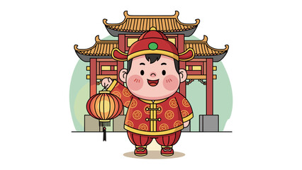 Naklejka premium Cute cartoon boy in traditional red Chinese clothing holding a lantern in front of a temple gate, celebrating festival.
