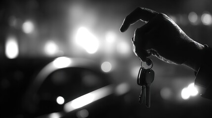 Silhouette of a hand holding car keys at night