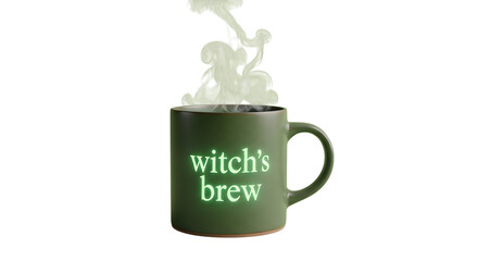 Mysterious green mug glows with 'witch's brew' inscription, wisps of ethereal smoke rising into the air.