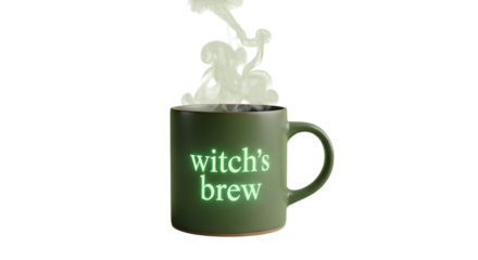 Mysterious green mug glows with 'witch's brew' inscription, wisps of ethereal smoke rising into the air.