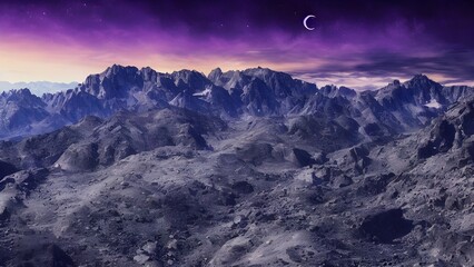 Night mountain landscape with moon, stars, and snow-covered peaks under a winter sky
