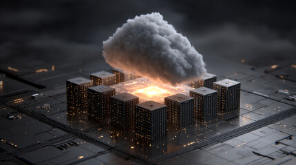 Abstract 3D illustration of cloud computing and data transfer, showing IaaS, PaaS, AI, and backup technology concepts with digital clouds and electric data streams.