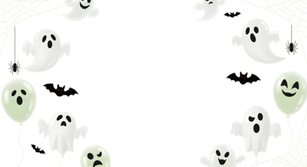 Spooky friendly ghosts and bats float playfully amidst glowing spiderwebs and balloons, perfect for festive Halloween celebrations and chillingly delightful designs.