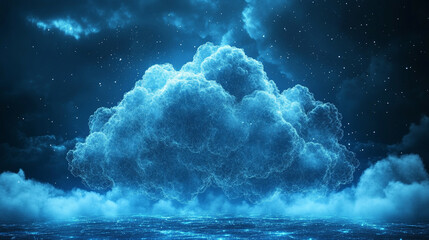 Abstract 3D illustration of cloud computing and data transfer, showing IaaS, PaaS, AI, and backup technology concepts with digital clouds and electric data streams.