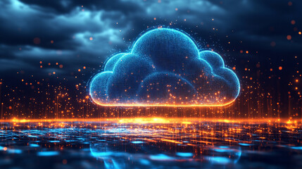 Abstract 3D illustration of cloud computing and data transfer, showing IaaS, PaaS, AI, and backup technology concepts with digital clouds and electric data streams.
