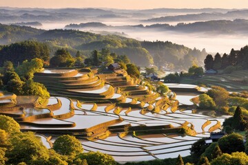Panoramic view of terraced rice paddies at dawn, with mist-shrouded hills