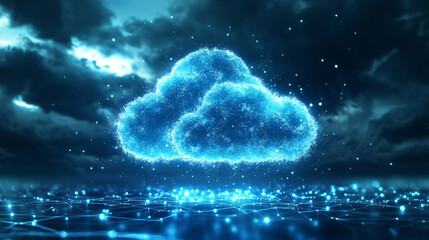 Abstract 3D illustration of cloud computing and data transfer, showing IaaS, PaaS, AI, and backup technology concepts with digital clouds and electric data streams.