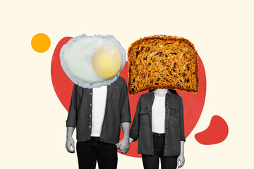 Template sketch trend artwork photo collage of couple man lady stand together hand hold egg bread...