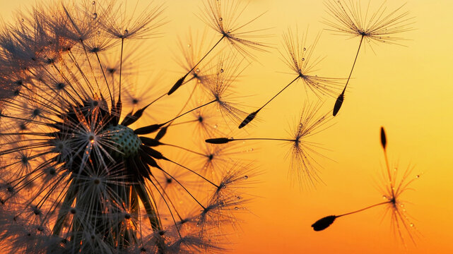 close up dadelion flower with its seed blowing away in he wind against gradiant orange background