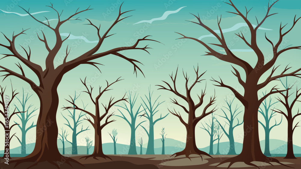 Poster dark silhouettes of trees without leaves, emphasizing their shapes and forms against a contrasting b