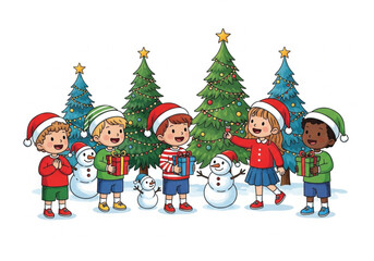 A heartwarming illustration of diverse children dressed in festive Christmas attire, gathered around decorated Christmas trees and snowmen.