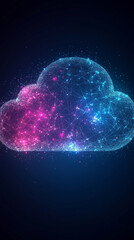 Abstract 3D illustration of cloud computing and data transfer, showing IaaS, PaaS, AI, and backup technology concepts with digital clouds and electric data streams.