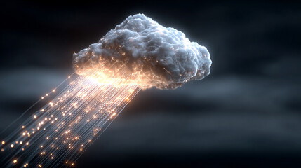 Abstract 3D illustration of cloud computing and data transfer, showing IaaS, PaaS, AI, and backup technology concepts with digital clouds and electric data streams.