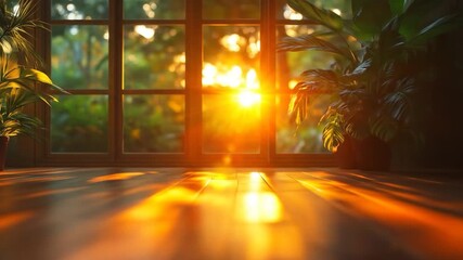 Golden Light: The photograph captures the radiance of a setting sun flooding a room through a grand window, casting a golden glow on the room interior.