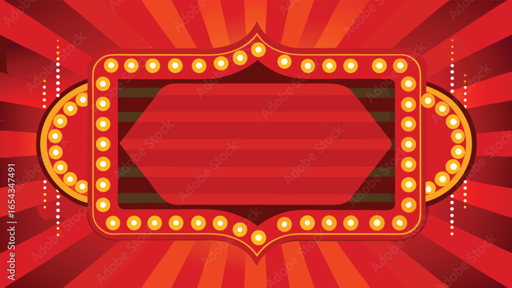 Poster a vibrant red backdrop with a square frame illuminated by lights..eps