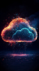 Abstract 3D illustration of cloud computing and data transfer, showing IaaS, PaaS, AI, and backup technology concepts with digital clouds and electric data streams.