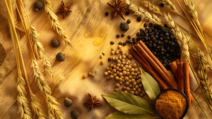 Vibrant spices and grains create a warm, aromatic culinary scene perfect for food blogs and gourmet marketing