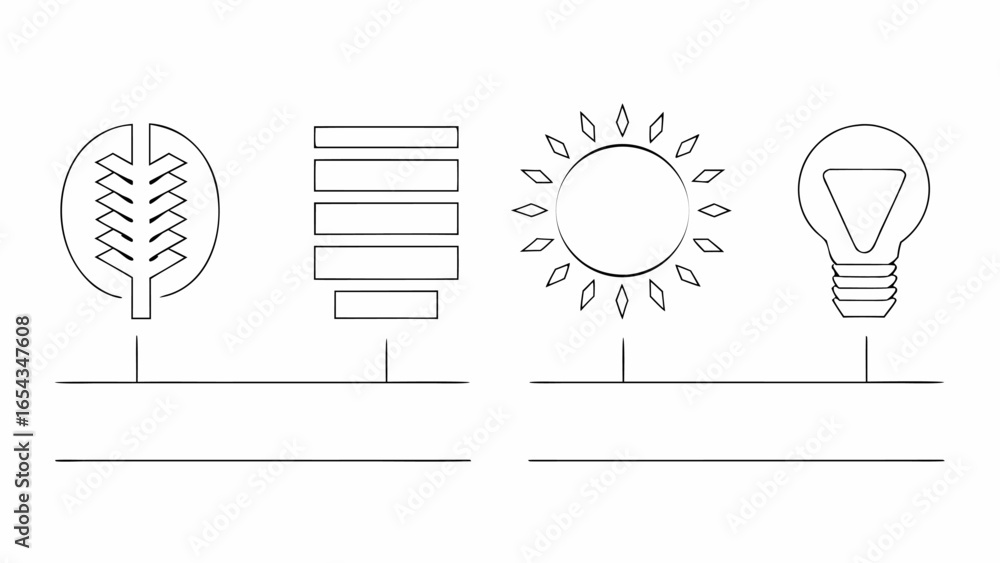 Poster vector illustration showing a tree in a circle, stacked rectangles, sun with rays, and a lightbulb o