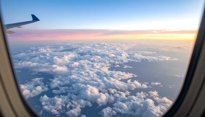 Obraz premium Airplane window view of clouds and sunset