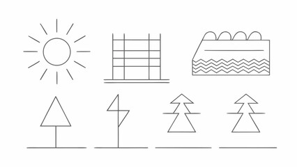 Vector illustration of a sun, building, mountain, and trees, all depicted as simple line drawings on a white background