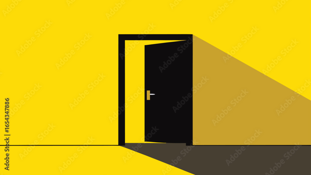 Poster vector illustration of an open door with a starry sky beyond, representing new possibilities and dre