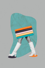 Pop image sketch 3d poster collage of anonym student girl instead body book stack education concept...